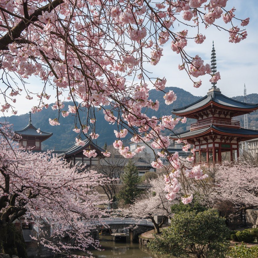 Cherry blossom season in Kyoto, traditional Japanese temples and pagodas surrounded by blooming sakura trees with pink and white petals, peaceful zen gardens and historic architecture