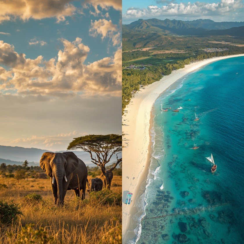 Tanzania safari and Zanzibar coast combined scene featuring African wildlife safari with elephants and acacia trees in savanna landscape transitioning to pristine white sand beaches