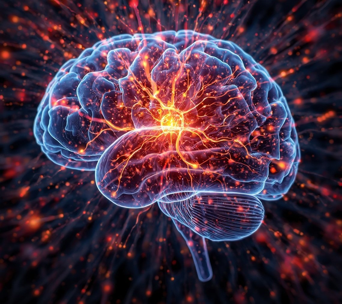 Visualization of chemical reactions in a human brain depicting vibrant neural activity, electrical impulses, and dynamic energy